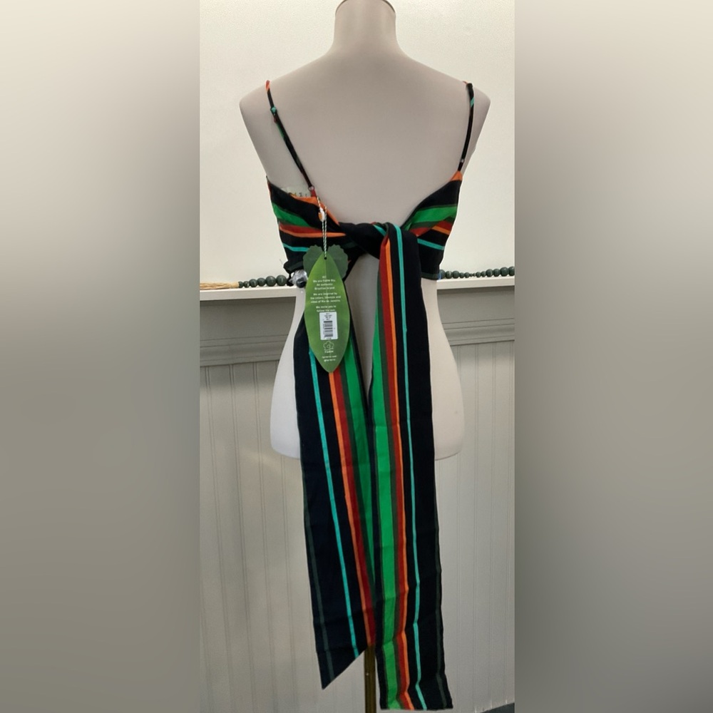 Farm Rio Striped Wrap Crop Top NWT Tassel Trim Embellished Tie Back S/M - Picture 4 of 4